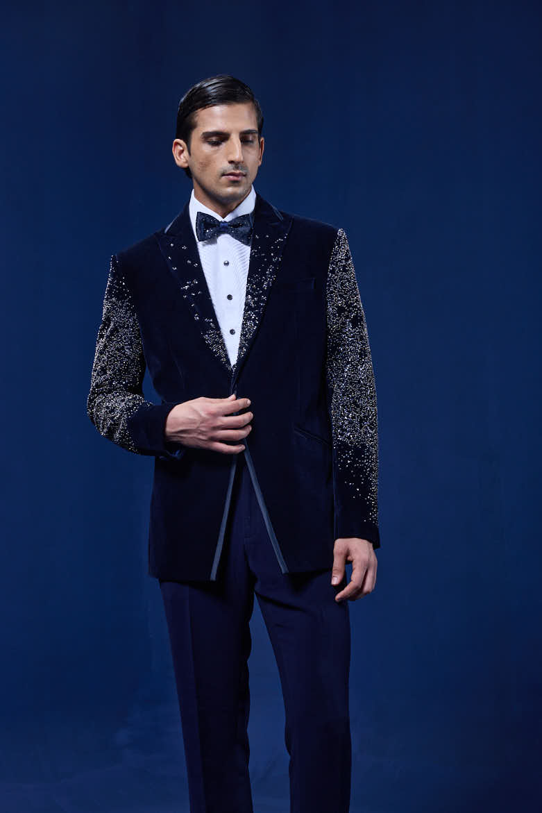 Navy Blue tuxedo highlighted with pearls and sequins