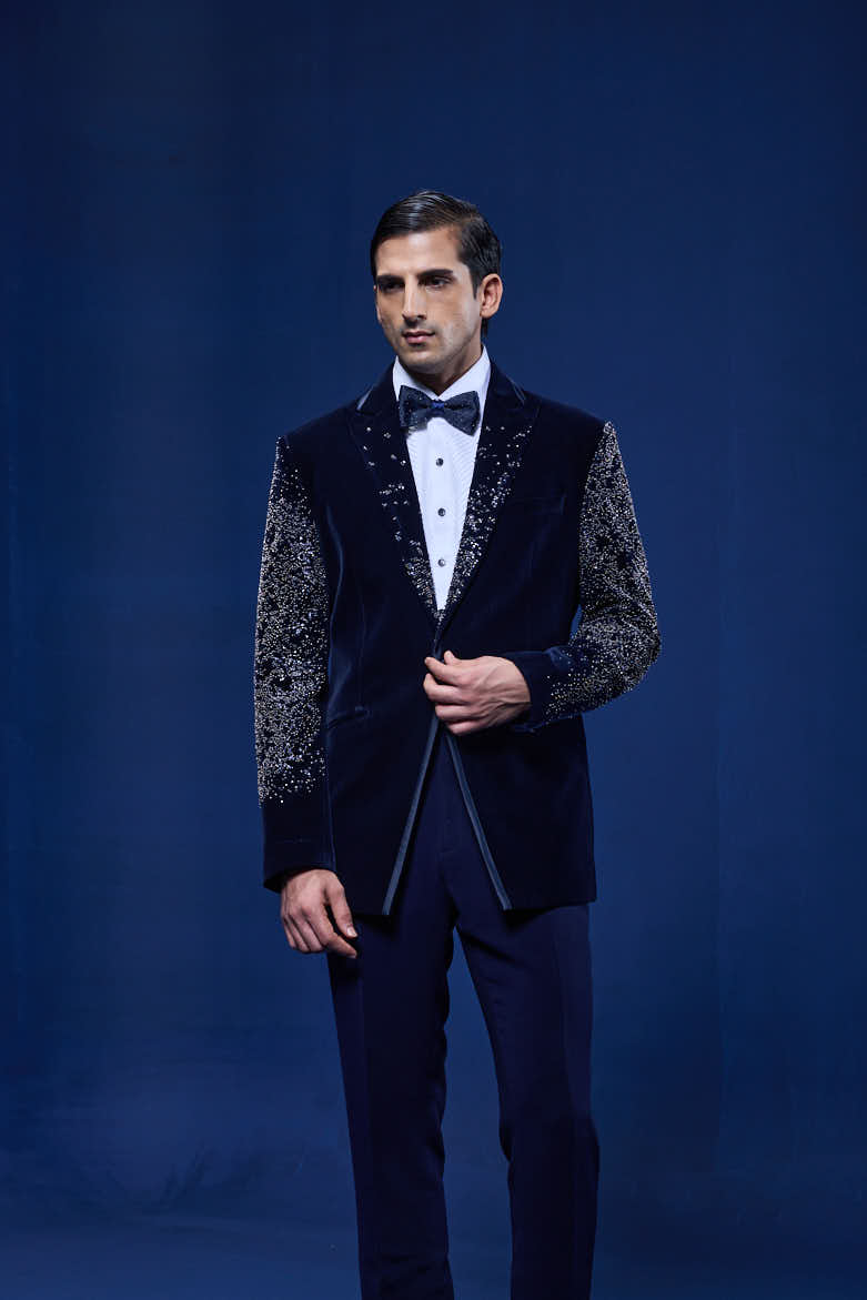 Navy Blue tuxedo highlighted with pearls and sequins