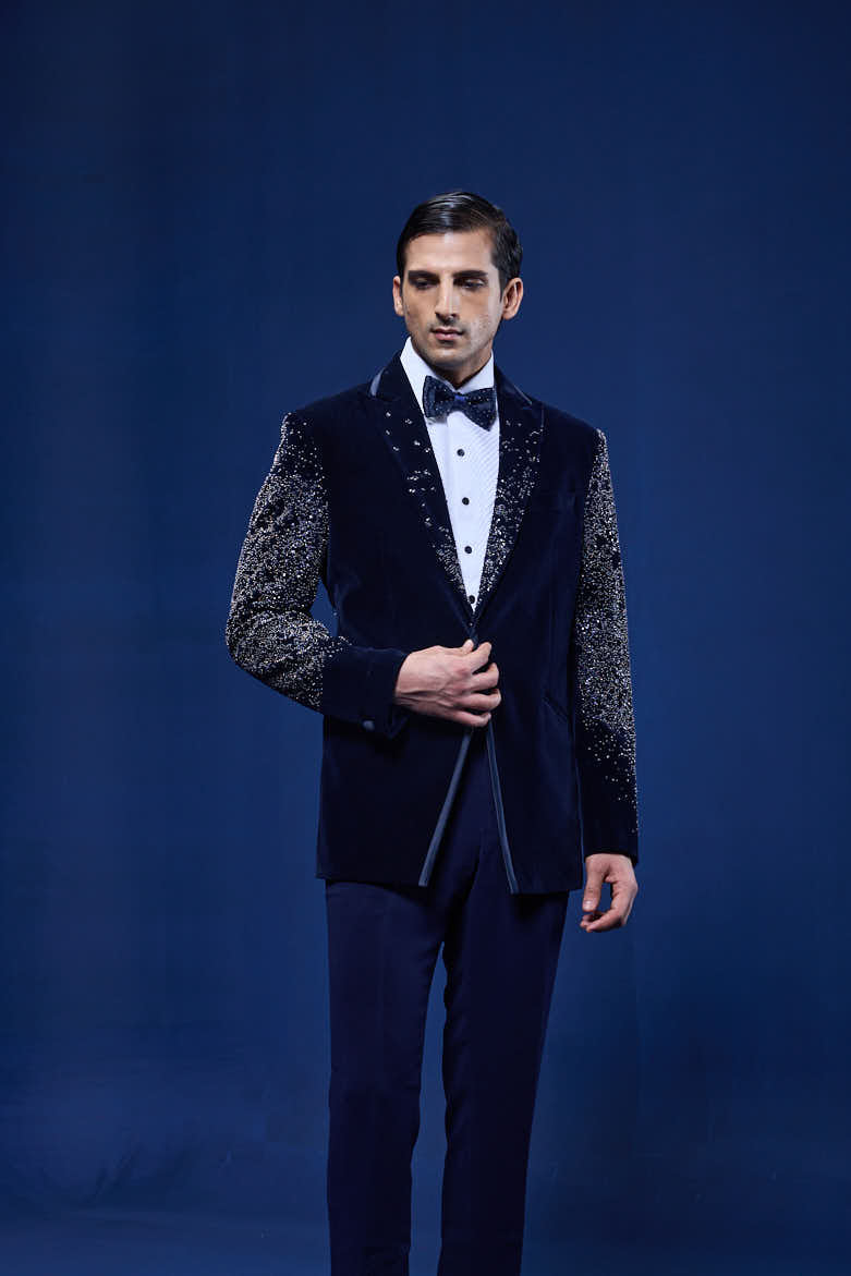 Navy Blue tuxedo highlighted with pearls and sequins