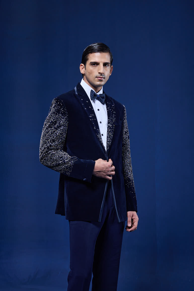 Navy Blue tuxedo highlighted with pearls and sequins