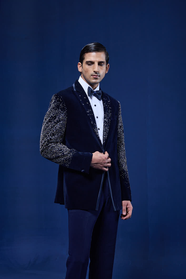 Navy Blue tuxedo highlighted with pearls and sequins