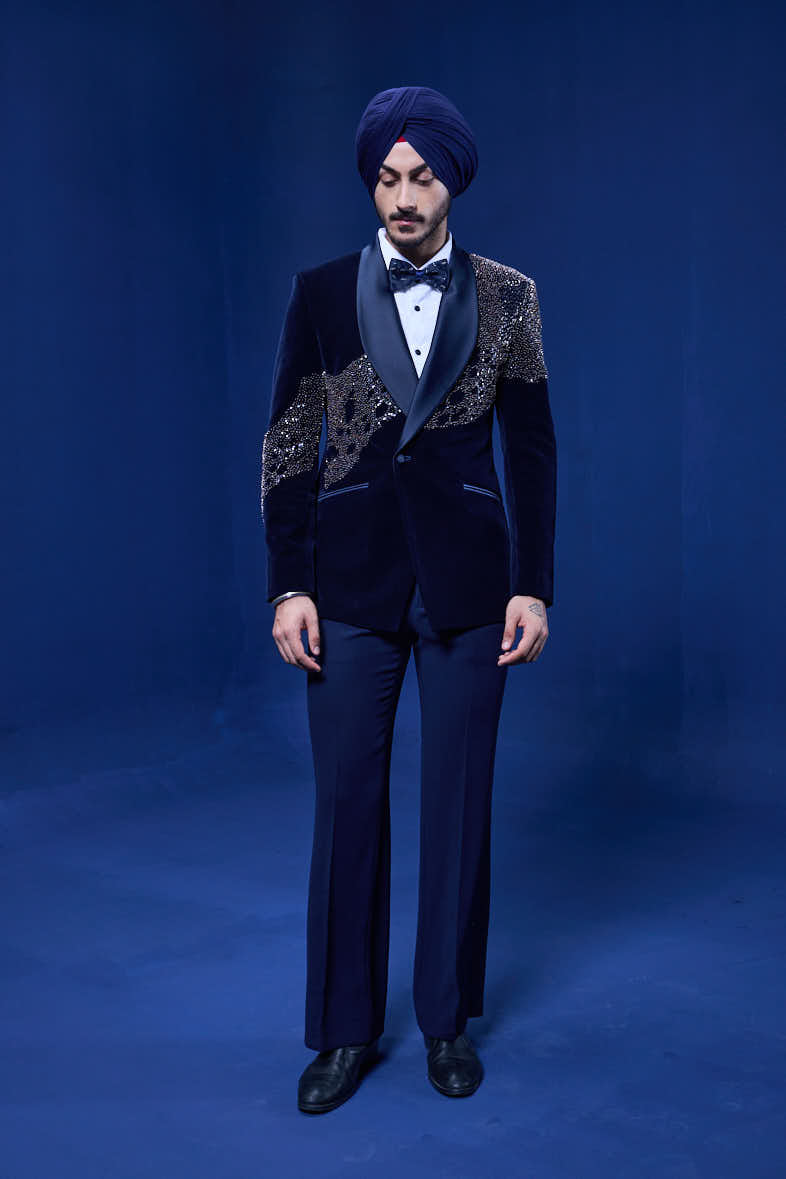 Navy Blue tuxedo highlighted with pearls, sequins, cutdana and thread work