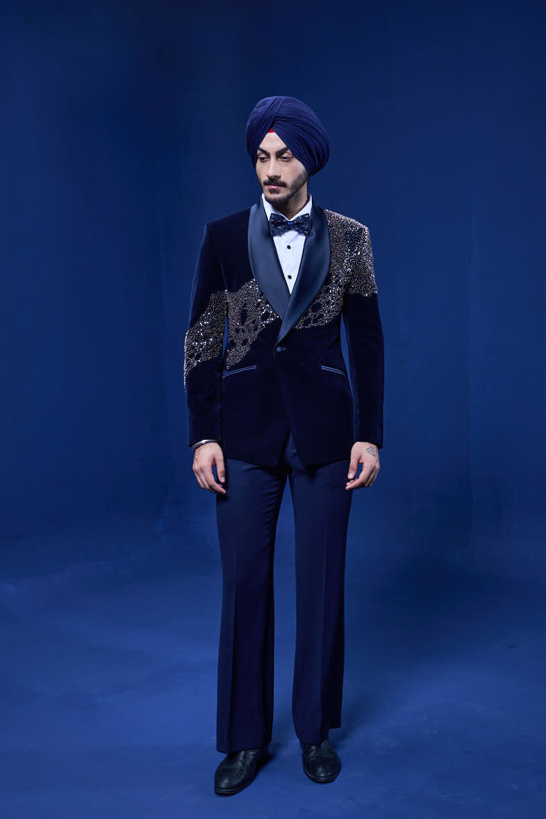 Navy Blue tuxedo highlighted with pearls, sequins, cutdana and thread work