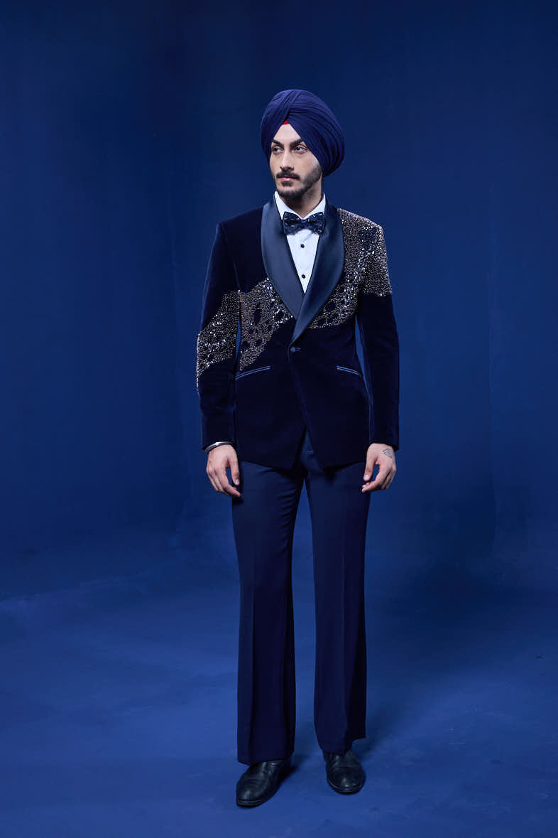 Navy Blue tuxedo highlighted with pearls, sequins, cutdana and thread work