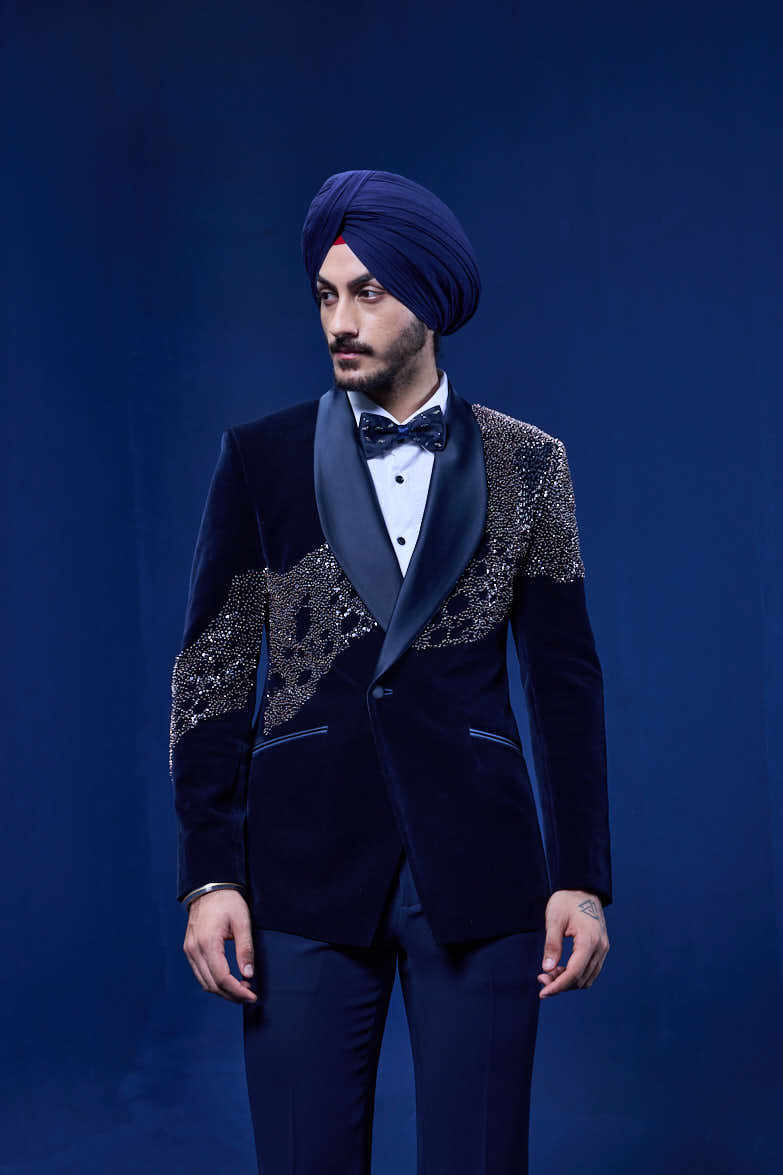 Navy Blue tuxedo highlighted with pearls, sequins, cutdana and thread work