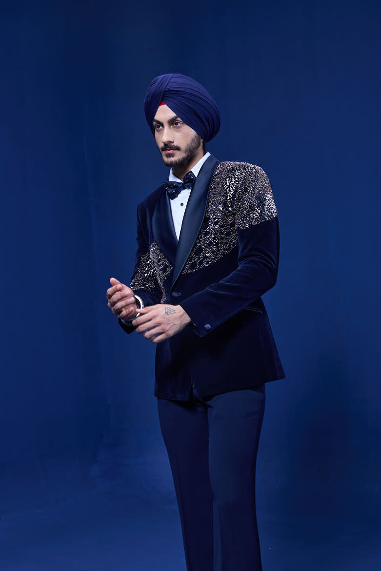 Navy Blue tuxedo highlighted with pearls, sequins, cutdana and thread work
