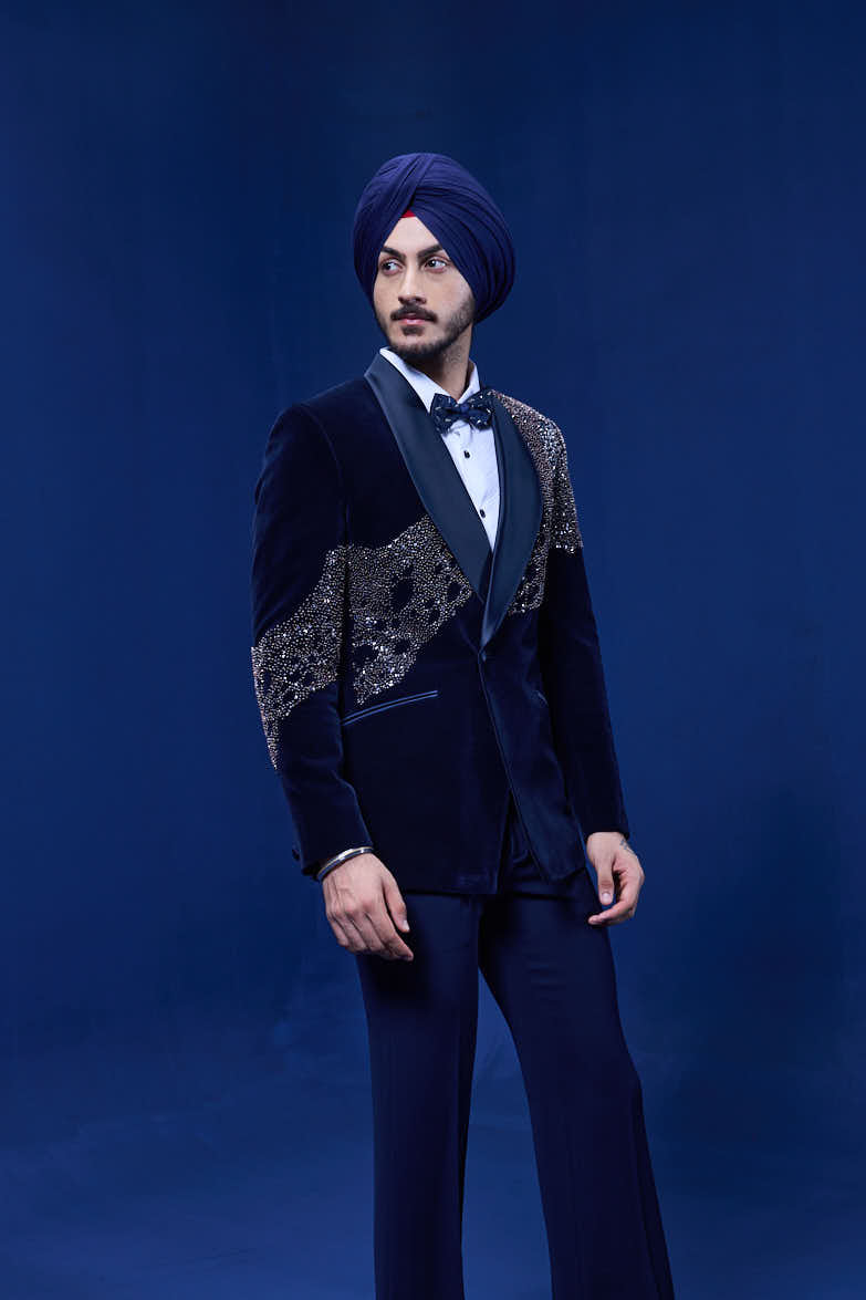 Navy Blue tuxedo highlighted with pearls, sequins, cutdana and thread work