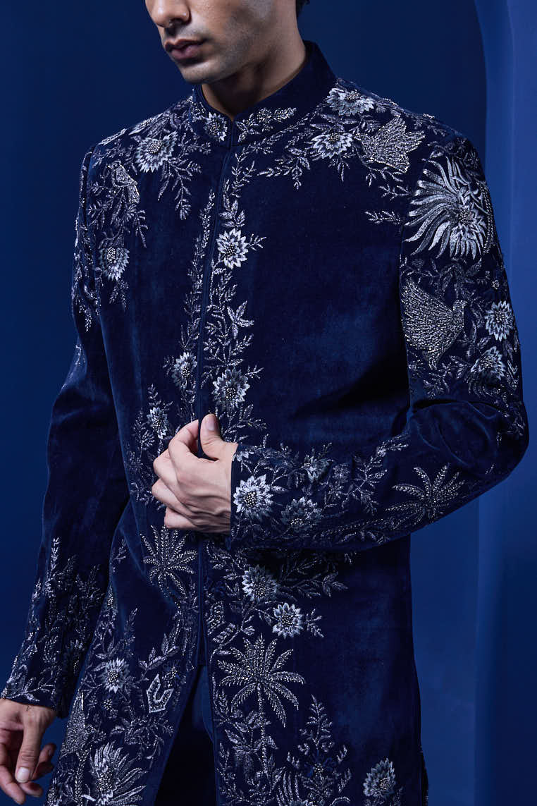 Navy blue Indo Western highlighted with silver zari, pearl and cutdana