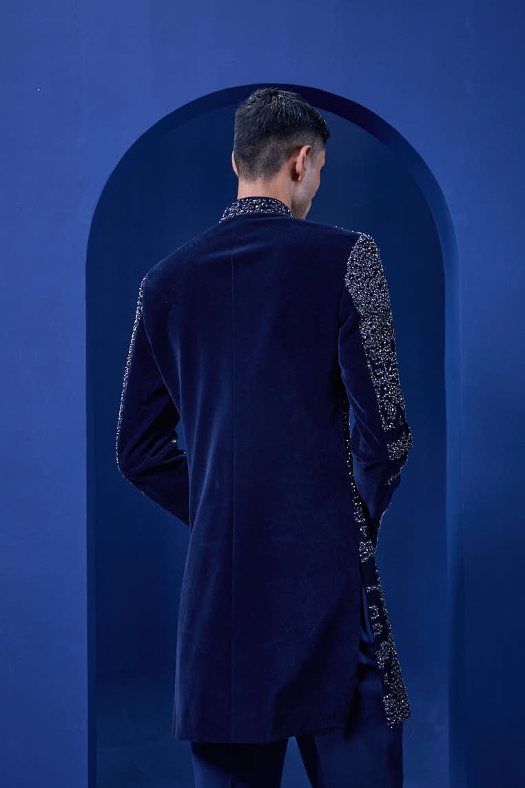 Navy blue Indo Western highlighted with silver zari, sequins,pearl and cutdana