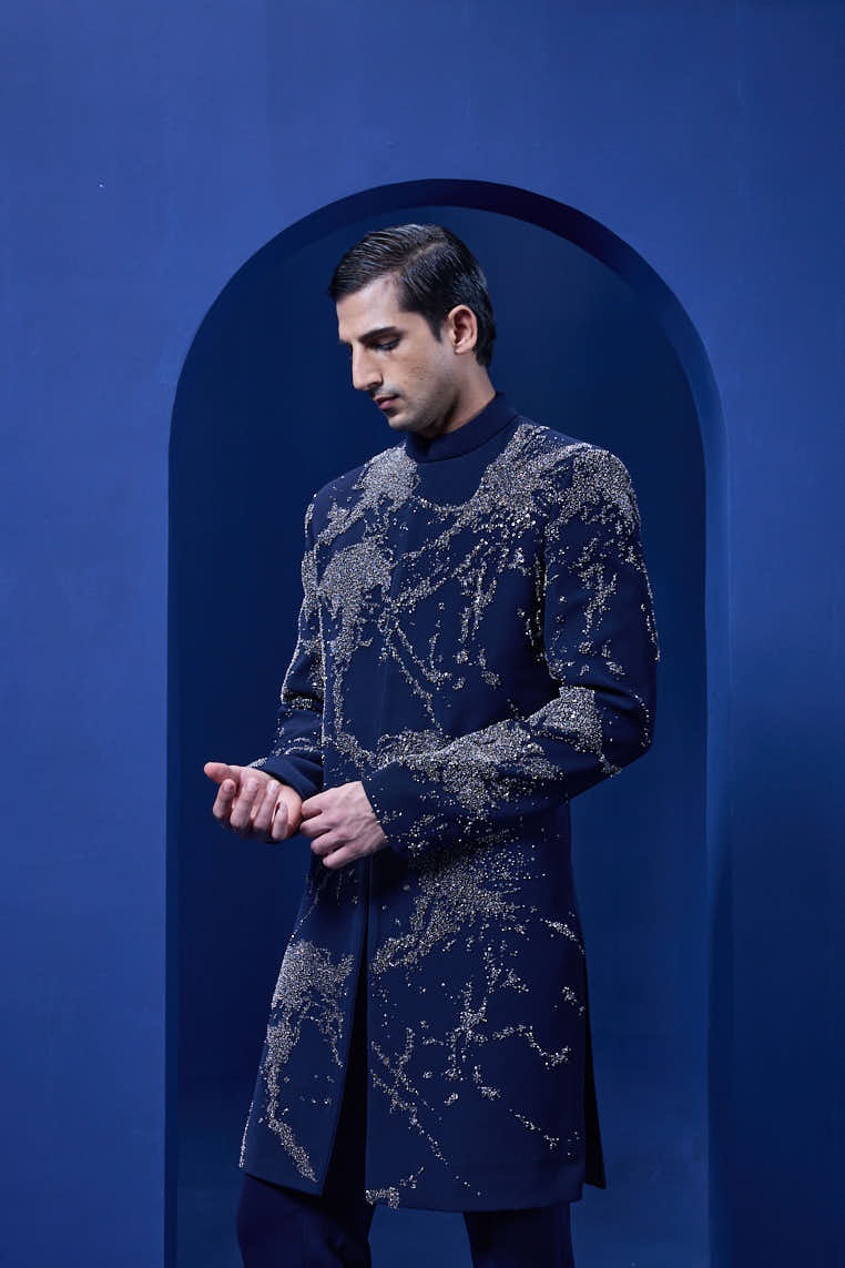 Navy blue Indo Western highlighted with sequins,pearl and cutdana