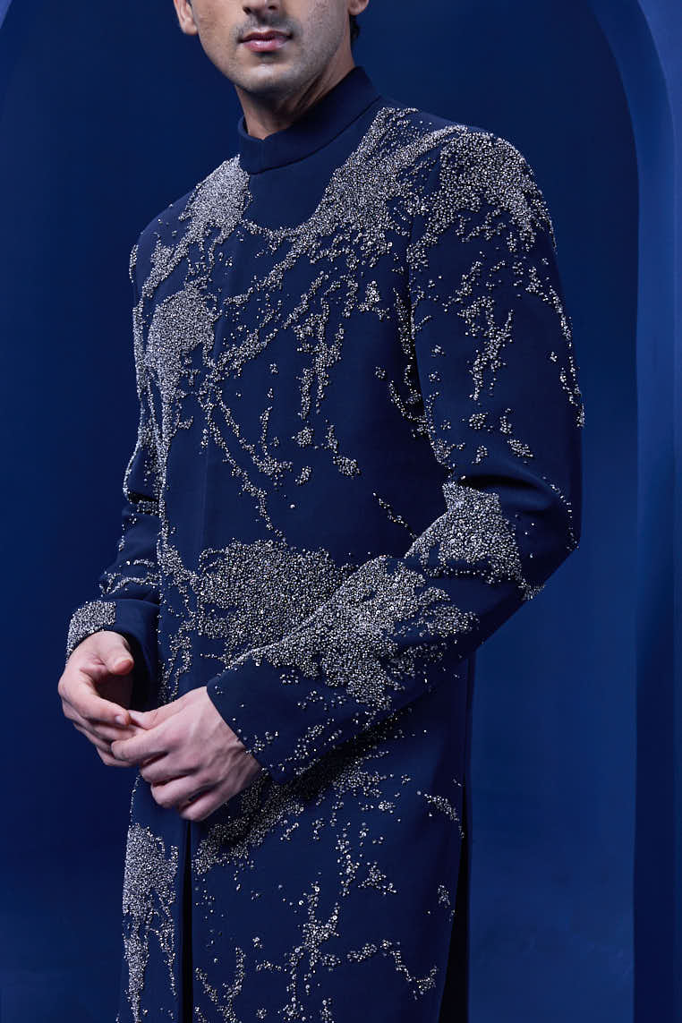 Navy blue Indo Western highlighted with sequins,pearl and cutdana