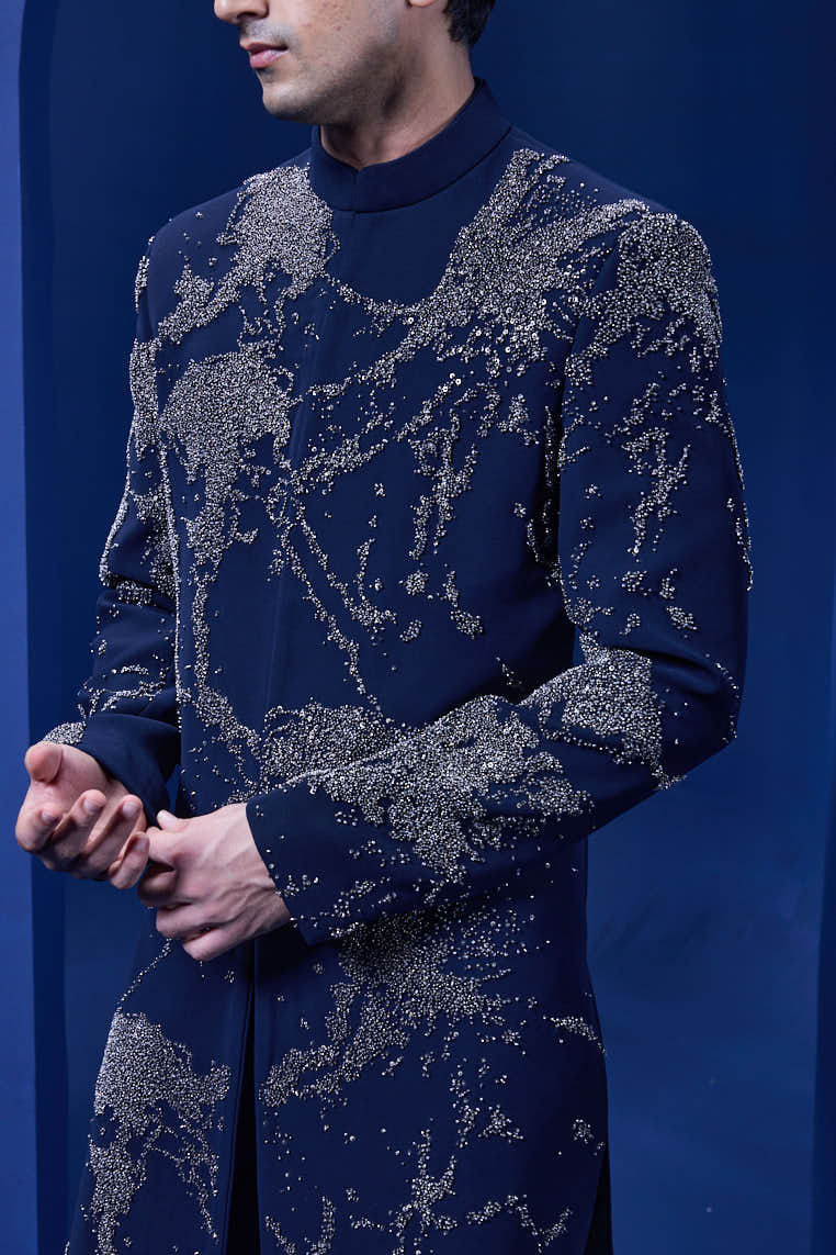Navy blue Indo Western highlighted with sequins,pearl and cutdana
