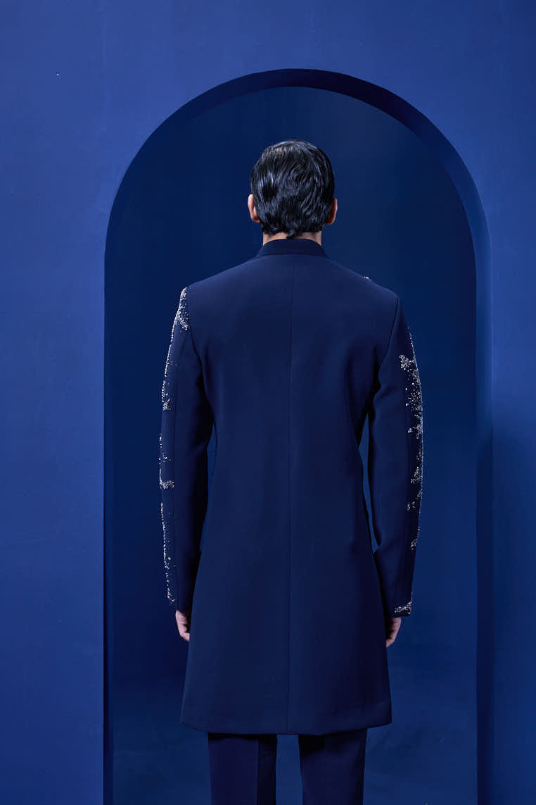 Navy blue Indo Western highlighted with sequins,pearl and cutdana