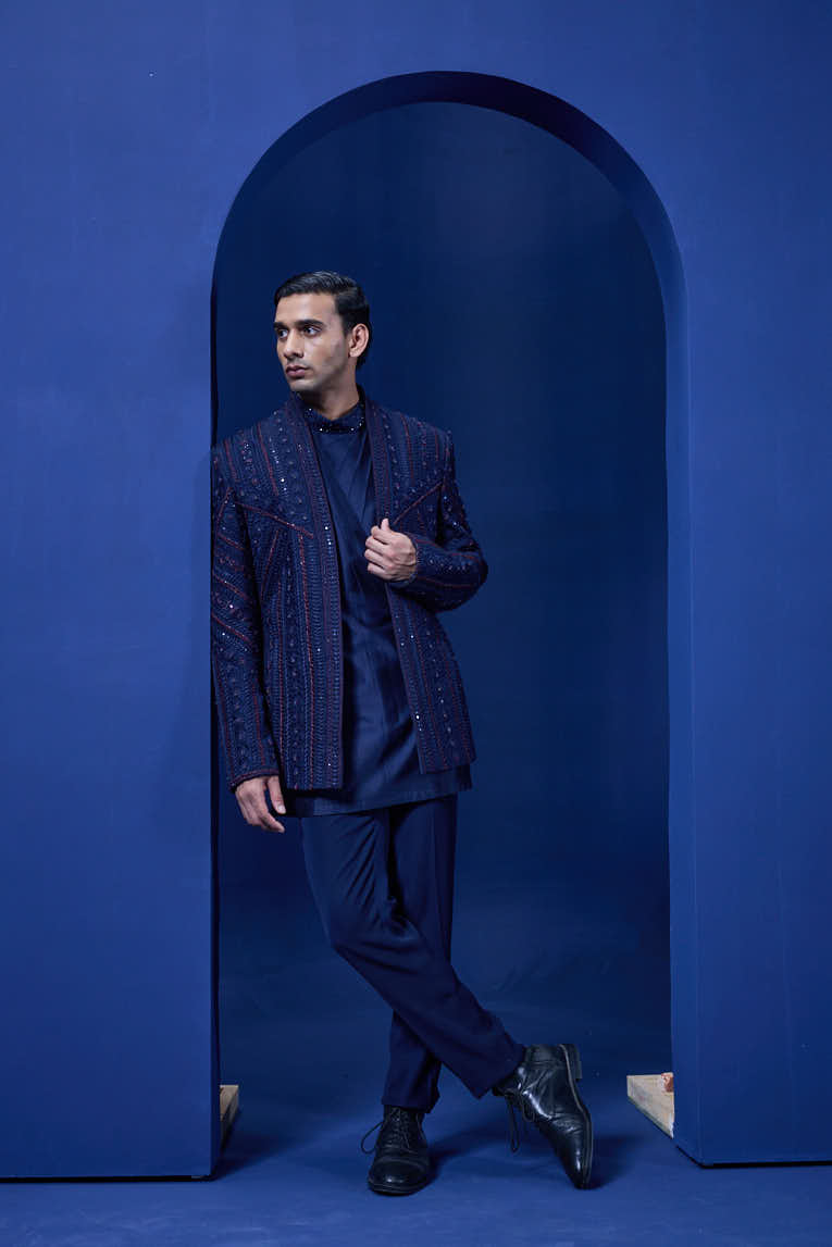 Navy Blue open bandhgala
with thread,sequins & pearl
work