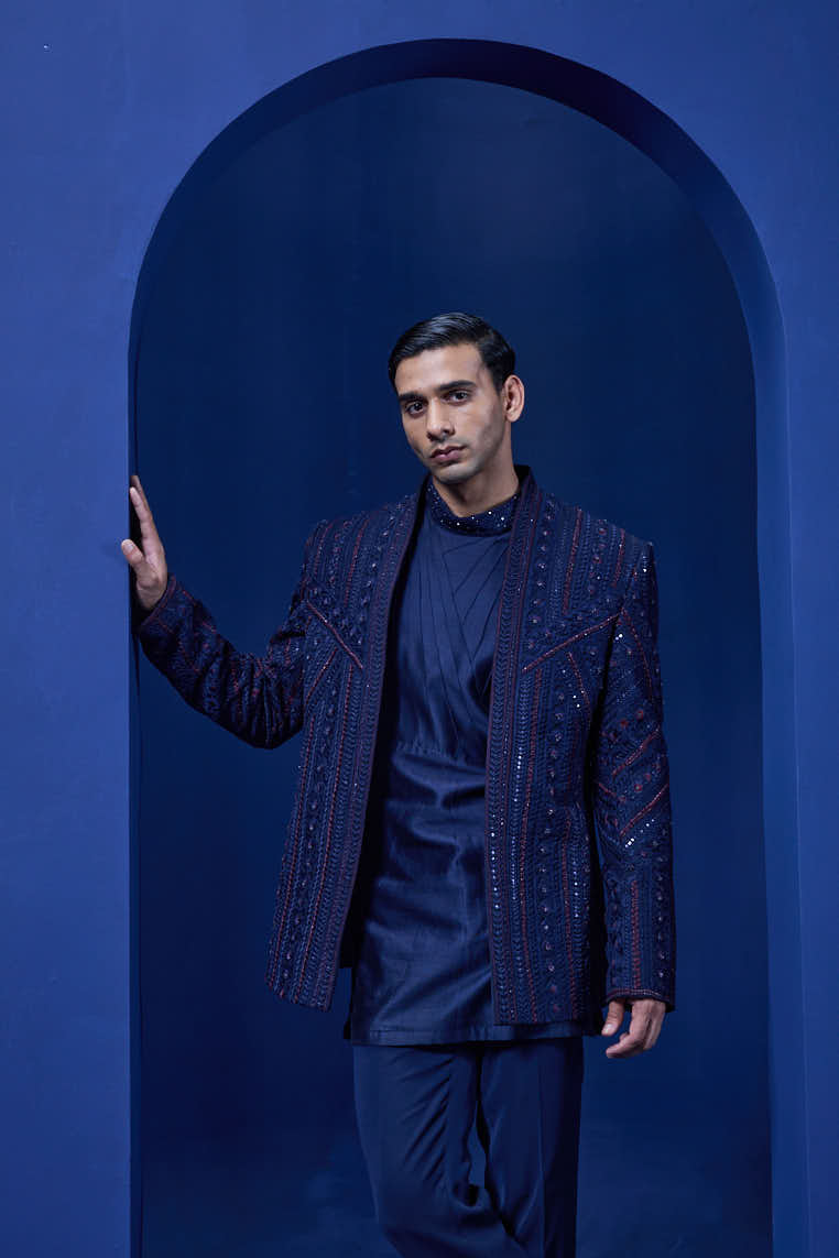 Navy Blue open bandhgala
with thread,sequins & pearl
work