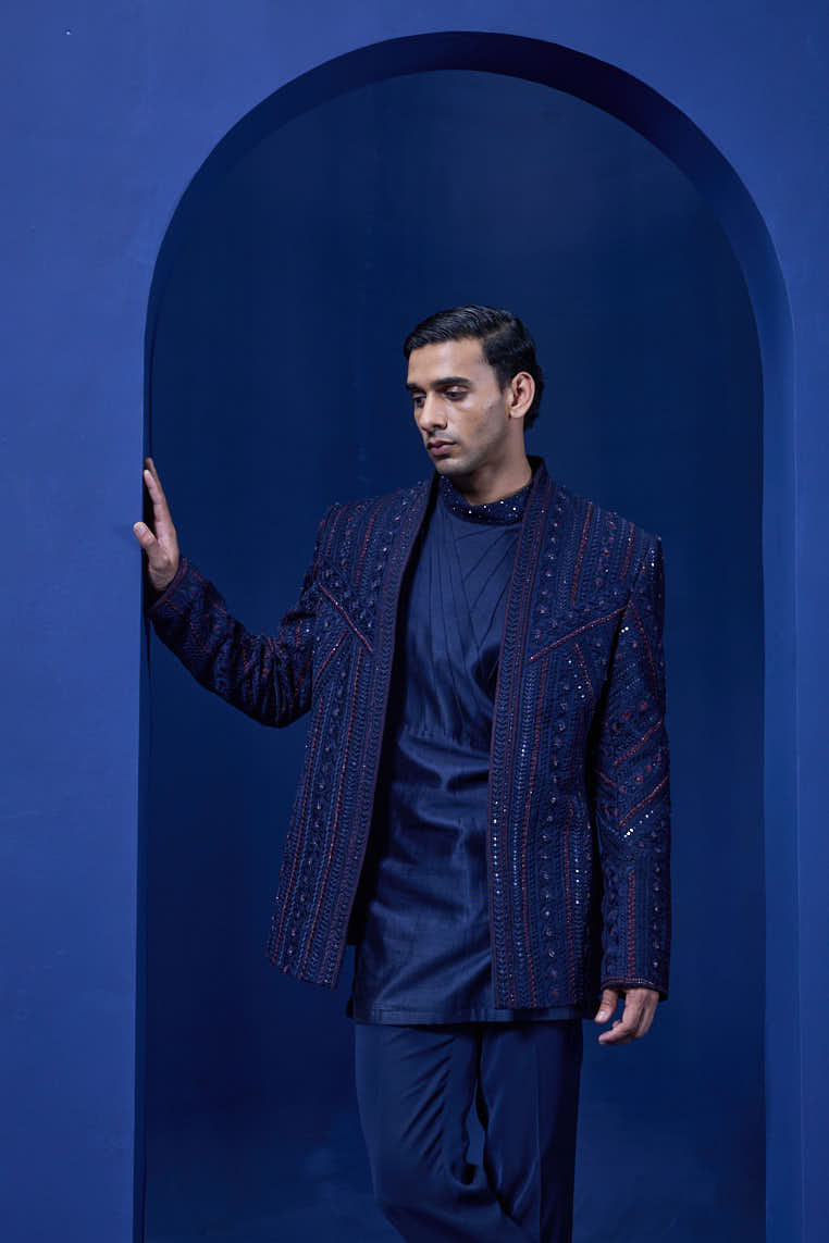 Navy Blue open bandhgala
with thread,sequins & pearl
work
