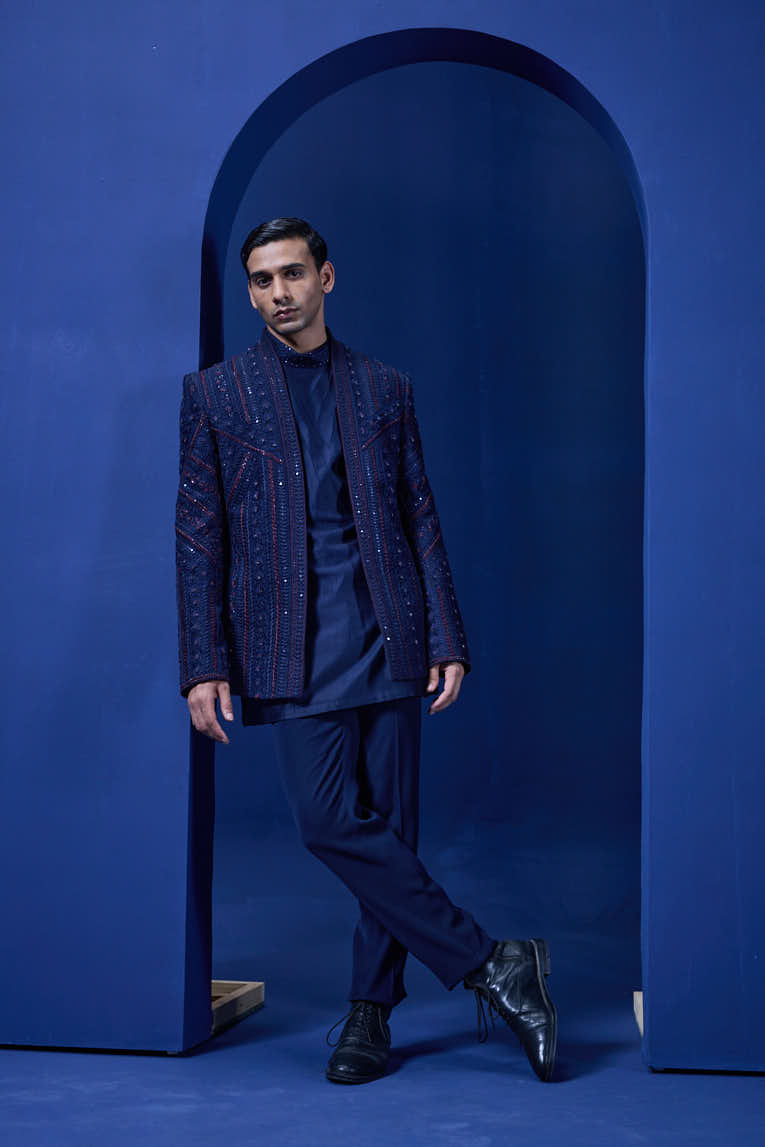 Navy Blue open bandhgala
with thread,sequins & pearl
work