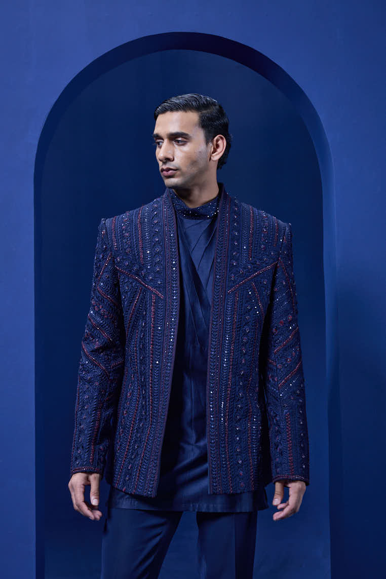 Navy Blue open bandhgala
with thread,sequins & pearl
work