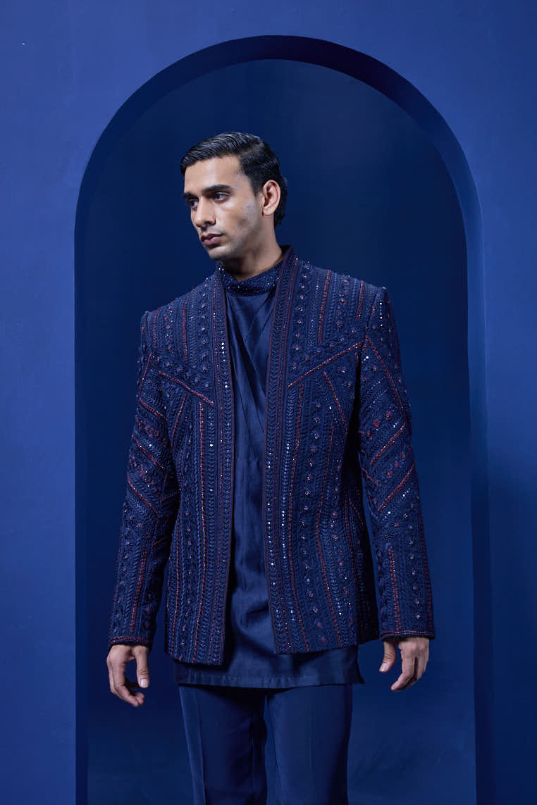 Navy Blue open bandhgala
with thread,sequins & pearl
work