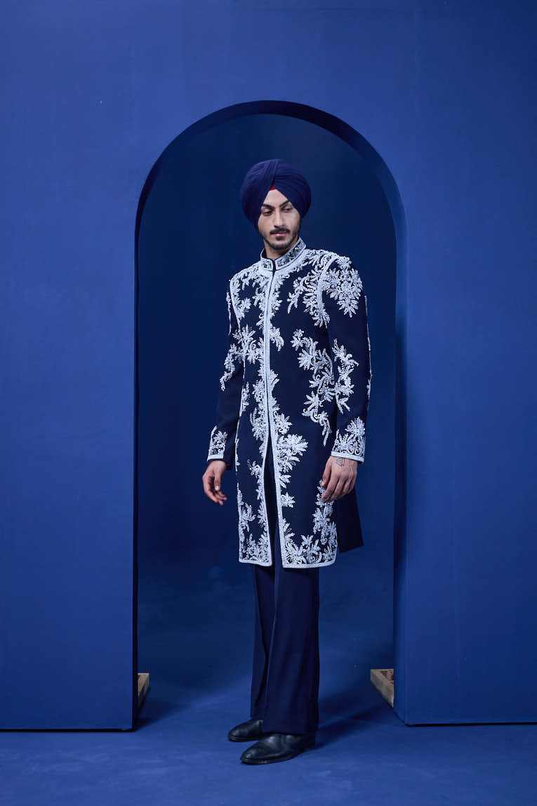 Navy blue Indo Western highlighted with sequins, pearls, cutdana and spring thread work