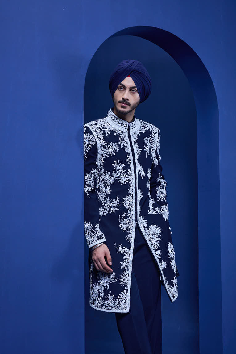 Navy blue Indo Western highlighted with sequins, pearls, cutdana and spring thread work