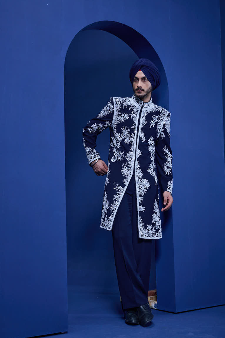 Navy blue Indo Western highlighted with sequins, pearls, cutdana and spring thread work