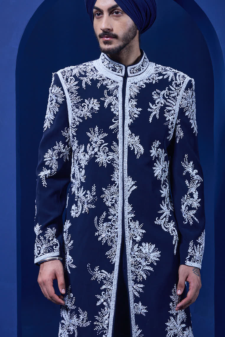 Navy blue Indo Western highlighted with sequins, pearls, cutdana and spring thread work