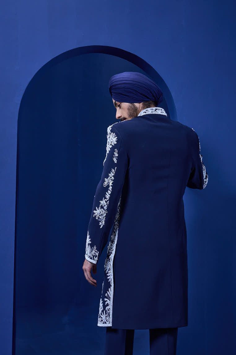 Navy blue Indo Western highlighted with sequins, pearls, cutdana and spring thread work