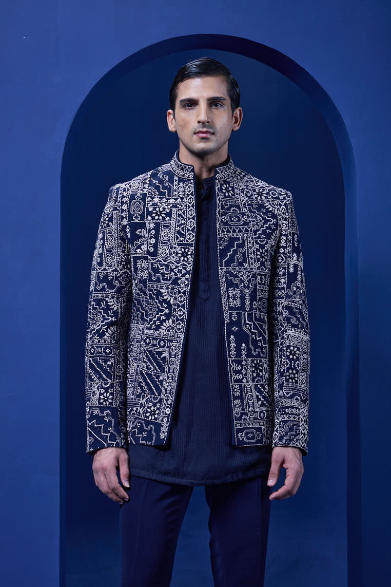 Navy Blue open bandhgala
with thread,sequins & pearl
work