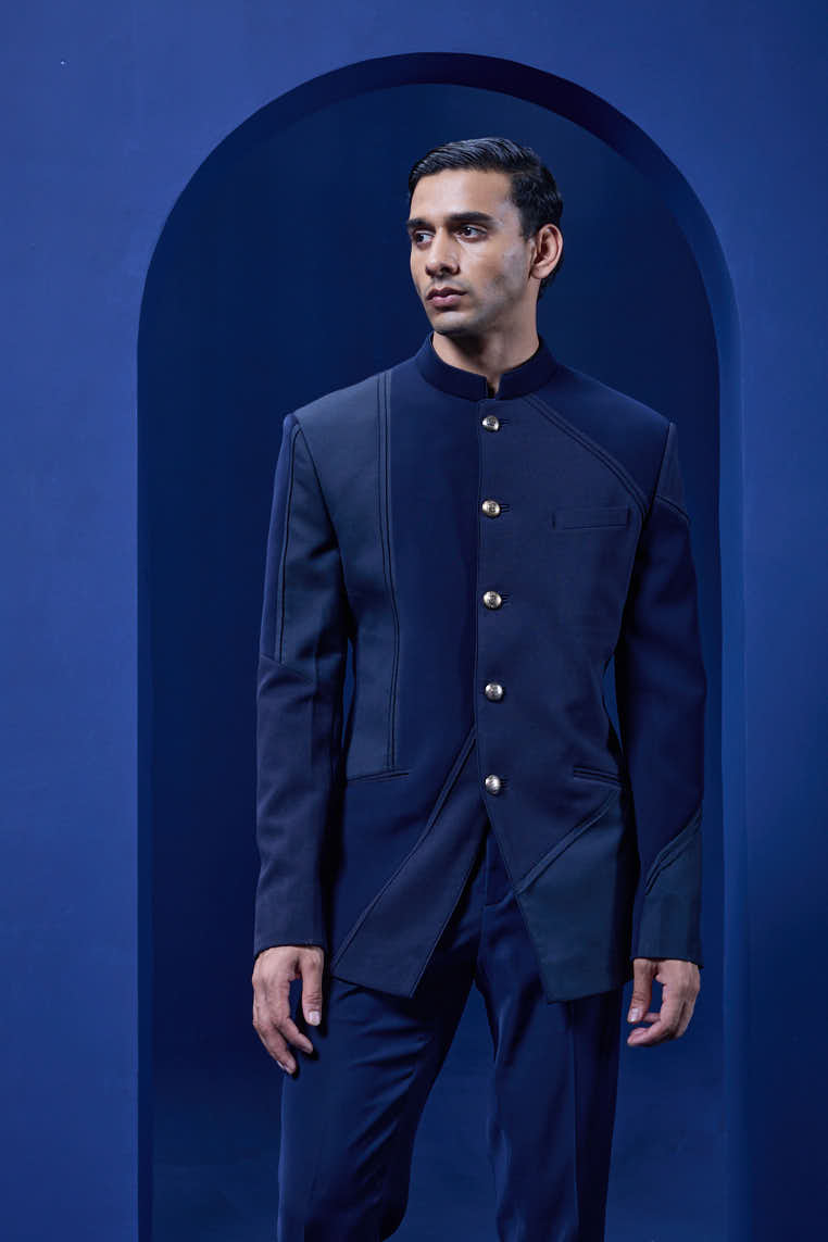 Navy blue bandhgala detailing with golden button