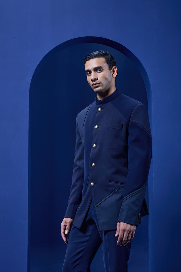 Navy blue bandhgala detailing with golden button