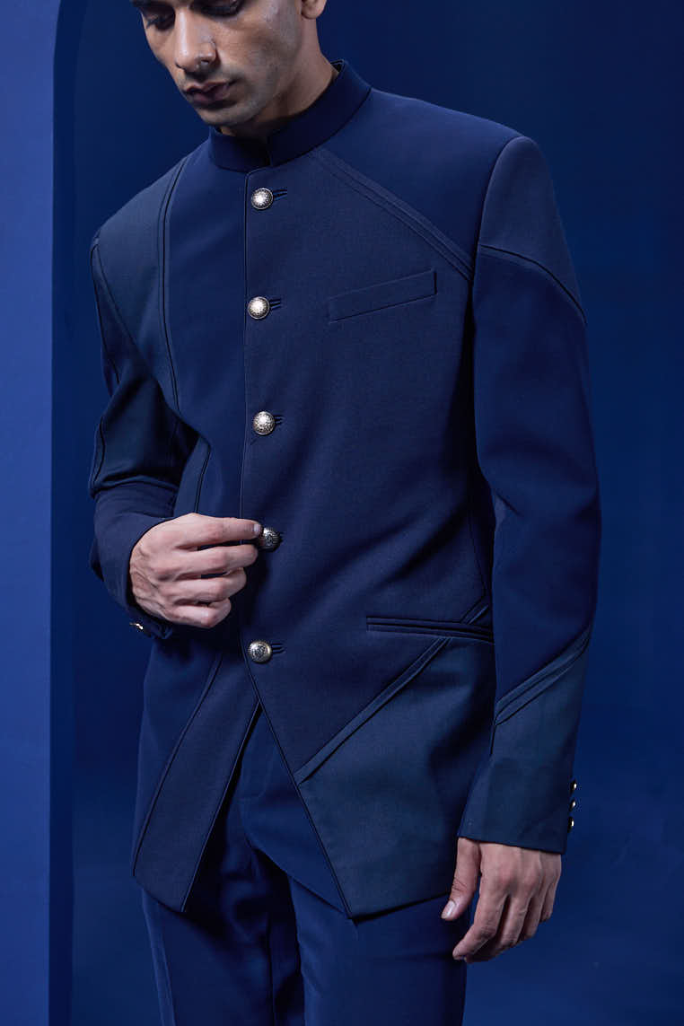 Navy blue bandhgala detailing with golden button