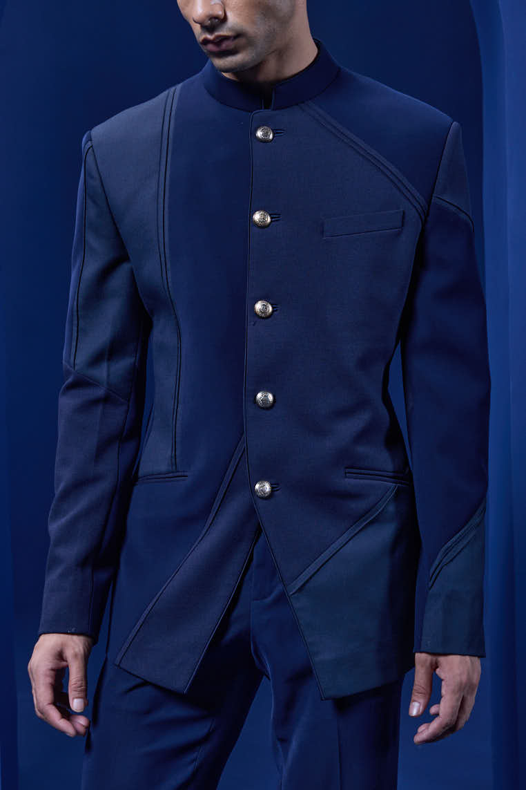 Navy blue bandhgala detailing with golden button