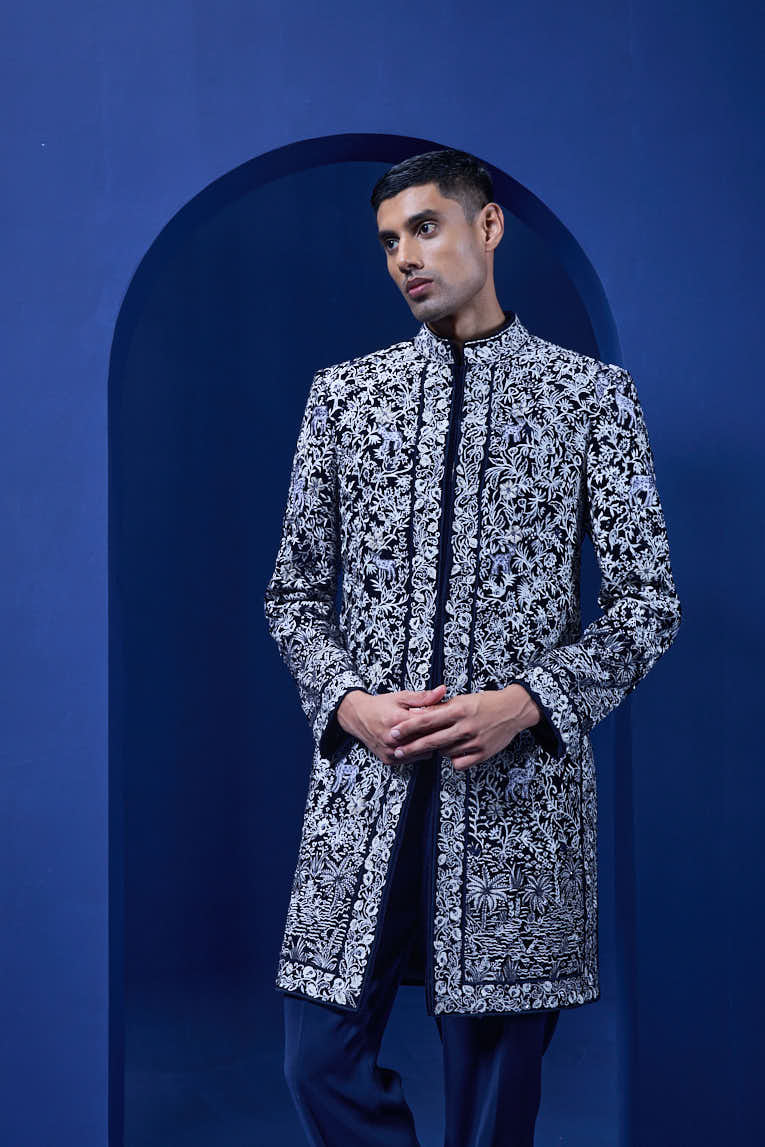 Navy blue Indo Western highlighted with sequins, pearls and thread work