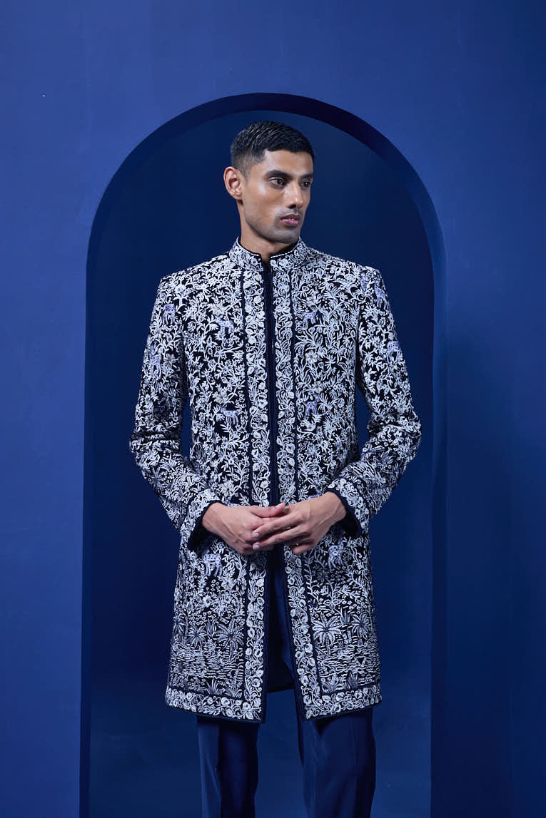 Navy blue Indo Western highlighted with sequins, pearls and thread work