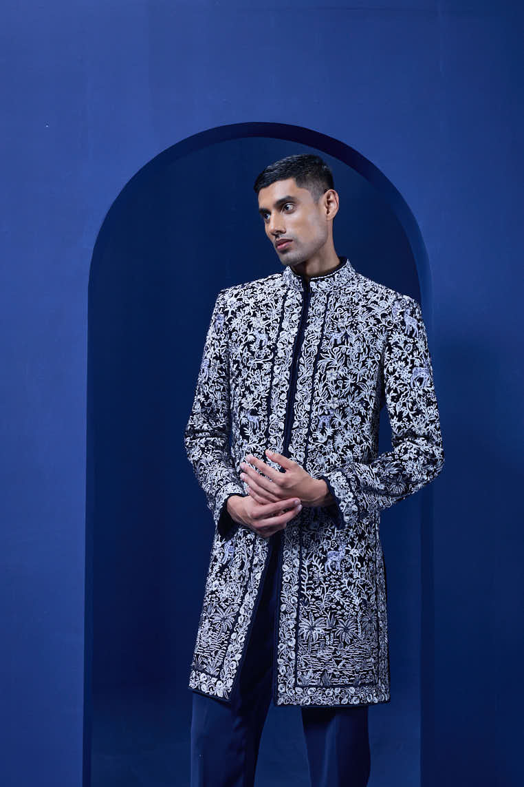 Navy blue Indo Western highlighted with sequins, pearls and thread work