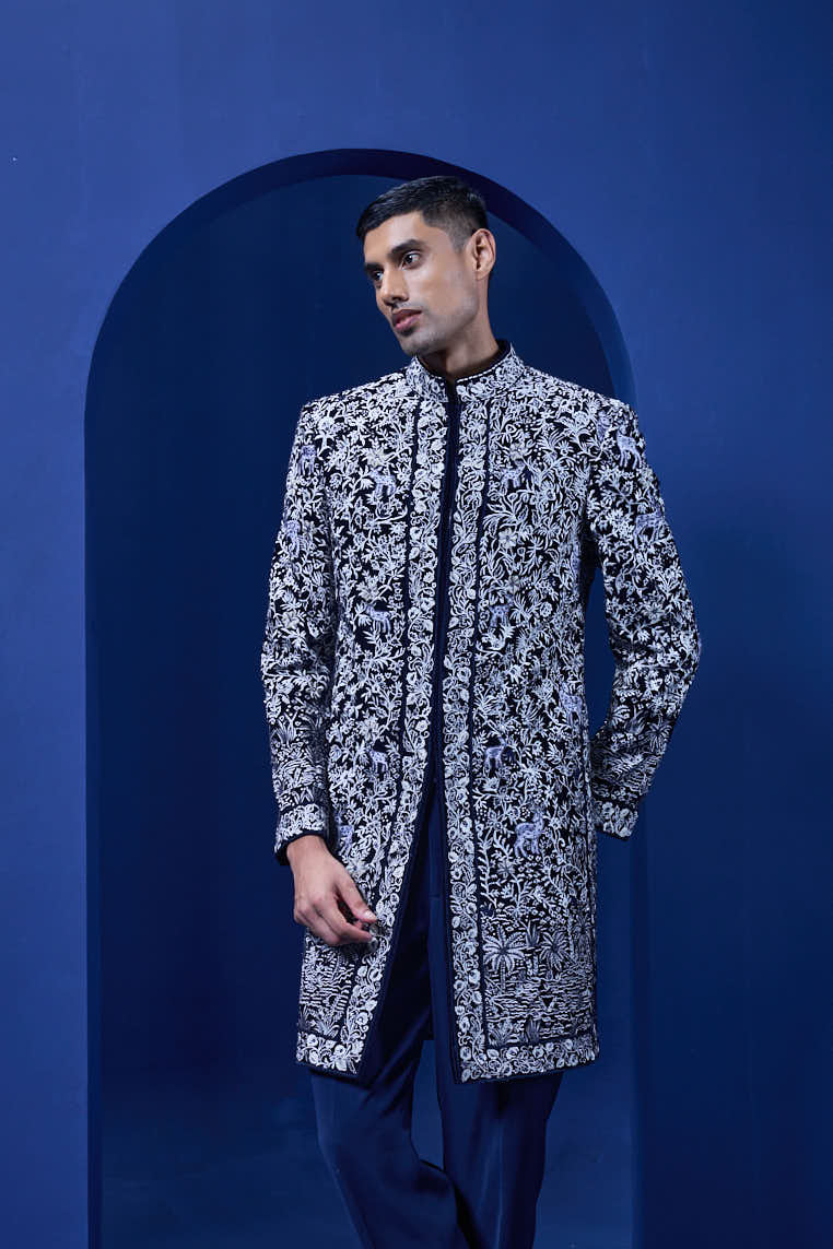 Navy blue Indo Western highlighted with sequins, pearls and thread work