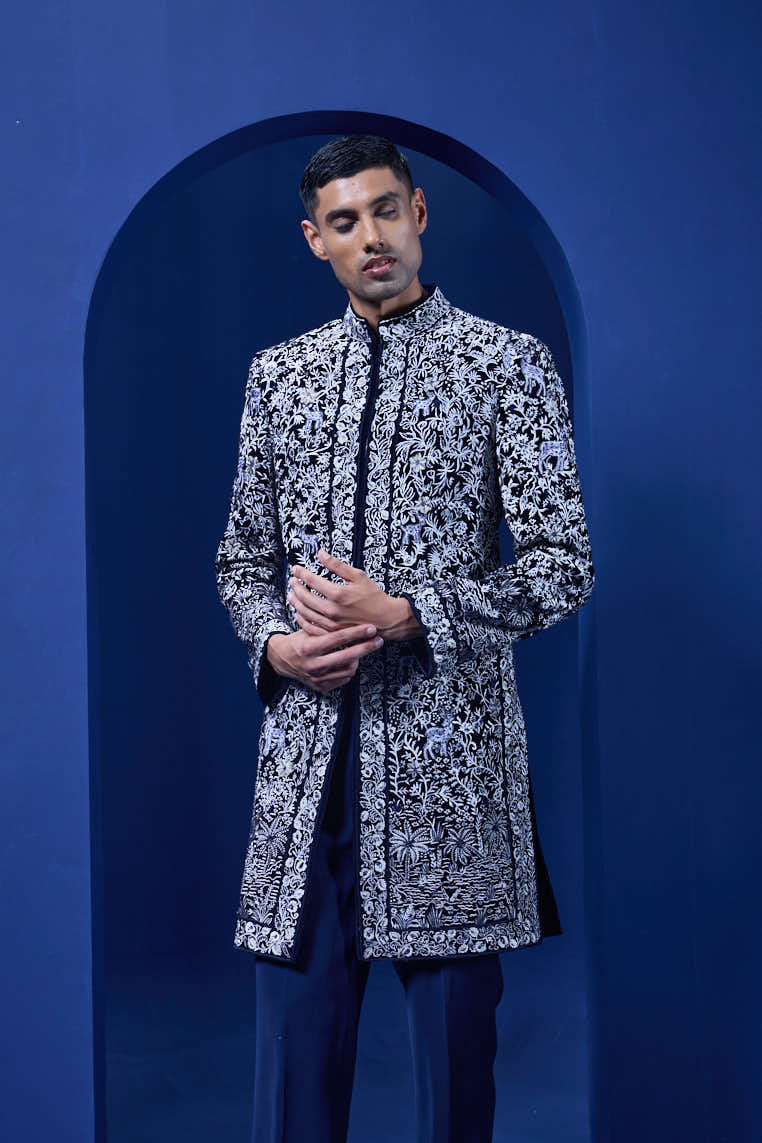 Navy blue Indo Western highlighted with sequins, pearls and thread work