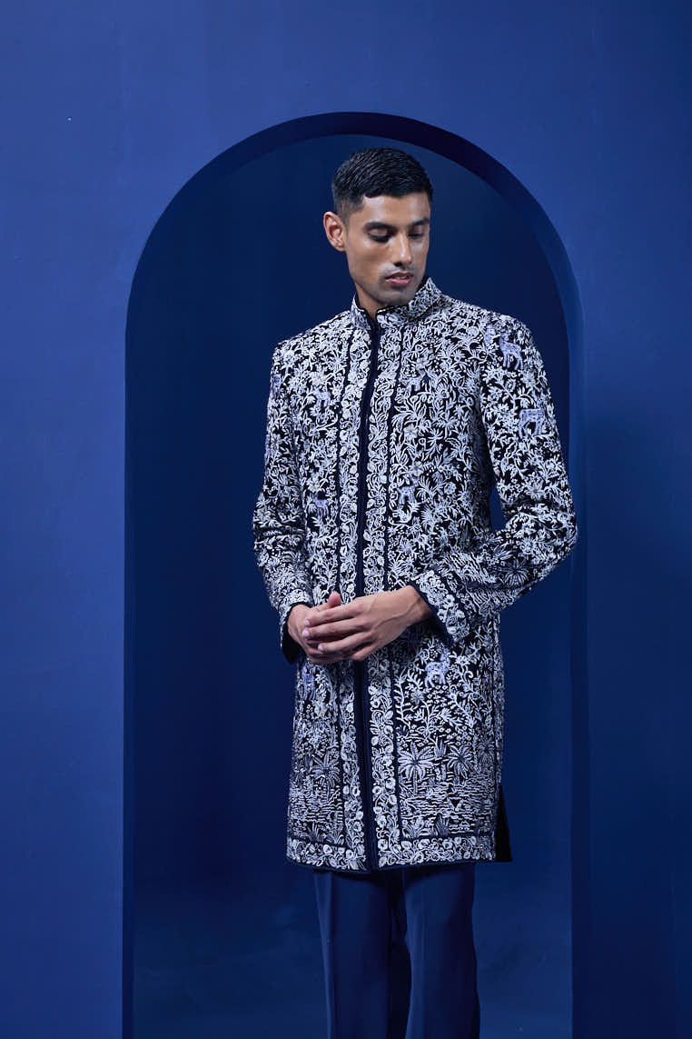 Navy blue Indo Western highlighted with sequins, pearls and thread work