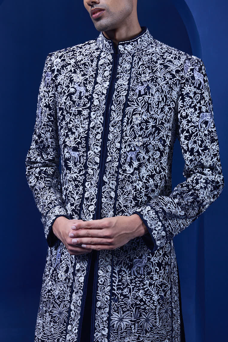 Navy blue Indo Western highlighted with sequins, pearls and thread work