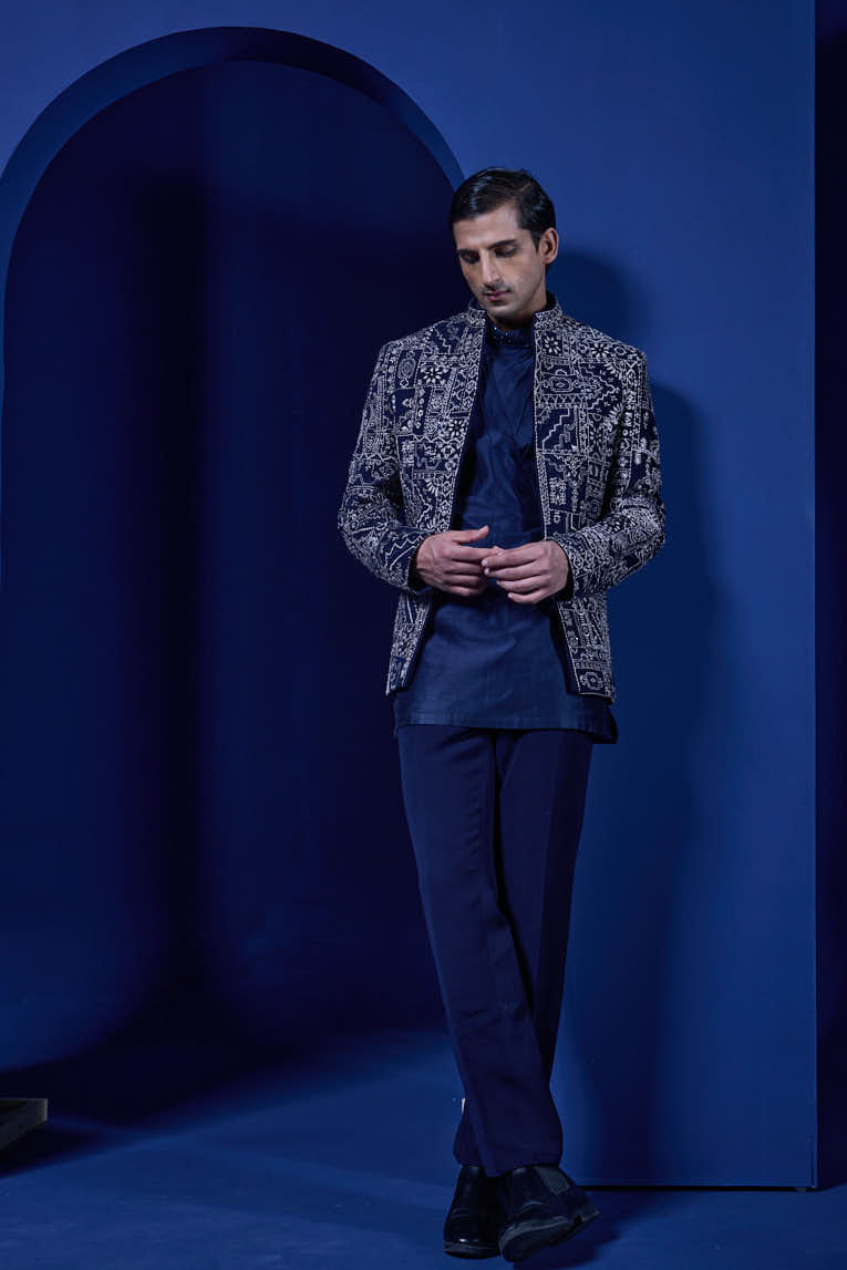 Navy Blue open bandhgala
with thread,sequins & pearl
work