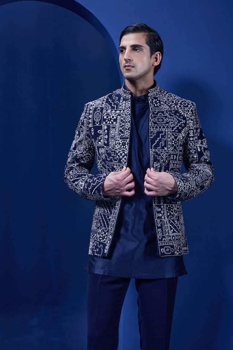 Navy Blue open bandhgala
with thread,sequins & pearl
work