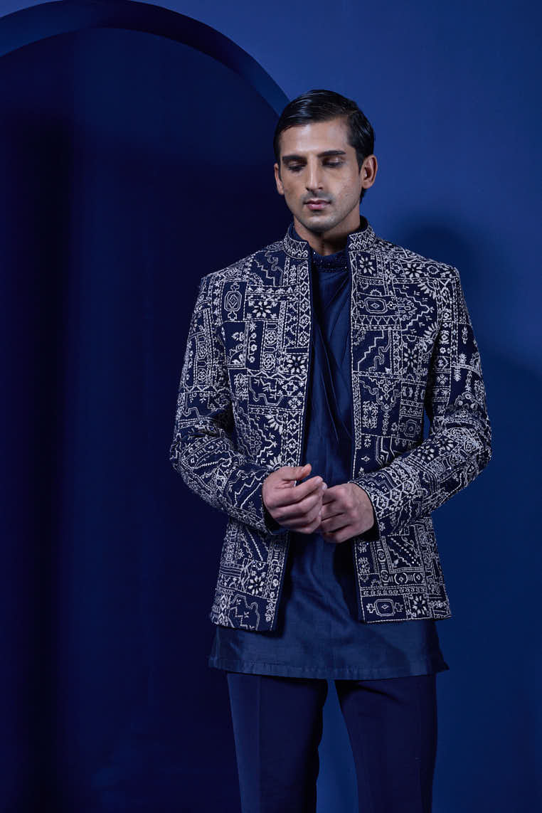 Navy Blue open bandhgala
with thread,sequins & pearl
work