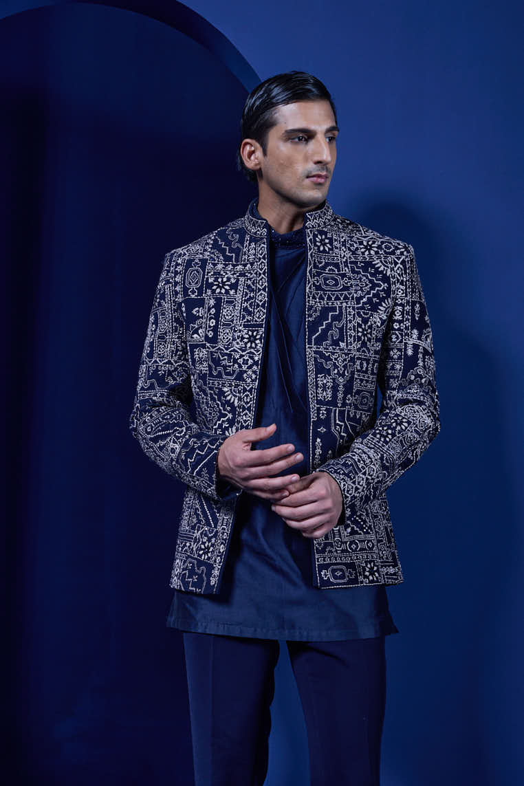 Navy Blue open bandhgala
with thread,sequins & pearl
work