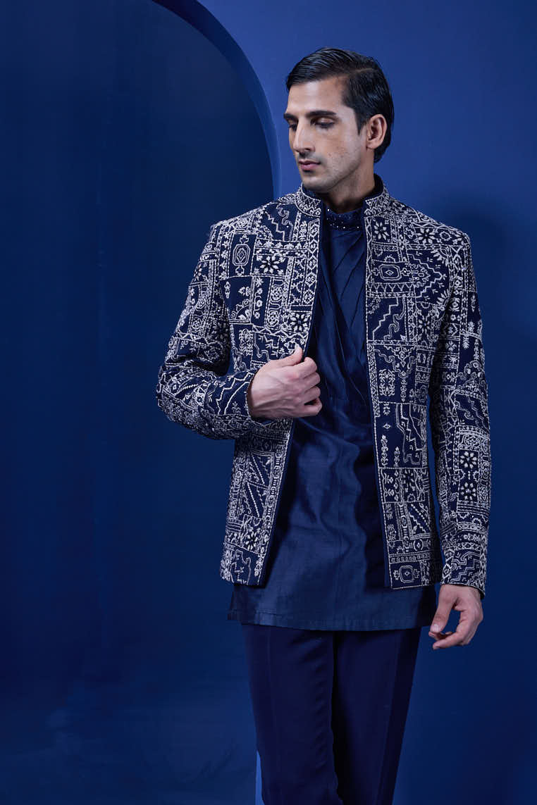 Navy Blue open bandhgala
with thread,sequins & pearl
work