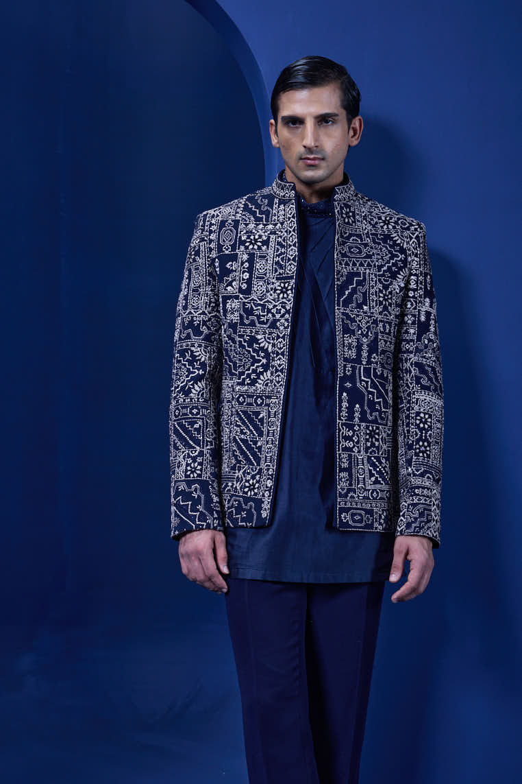 Navy Blue open bandhgala
with thread,sequins & pearl
work