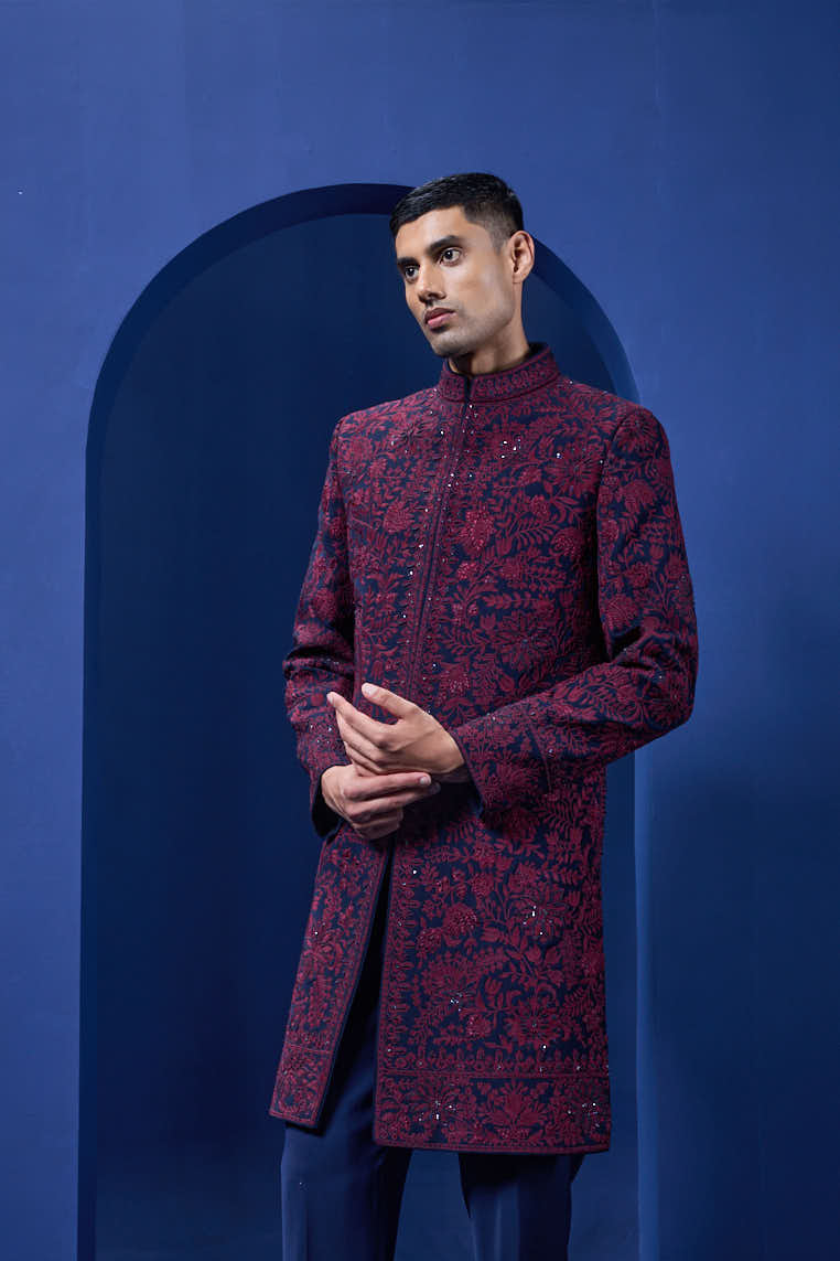 Navy blue Indo Western highlighted with sequins, pearls and wine thread work