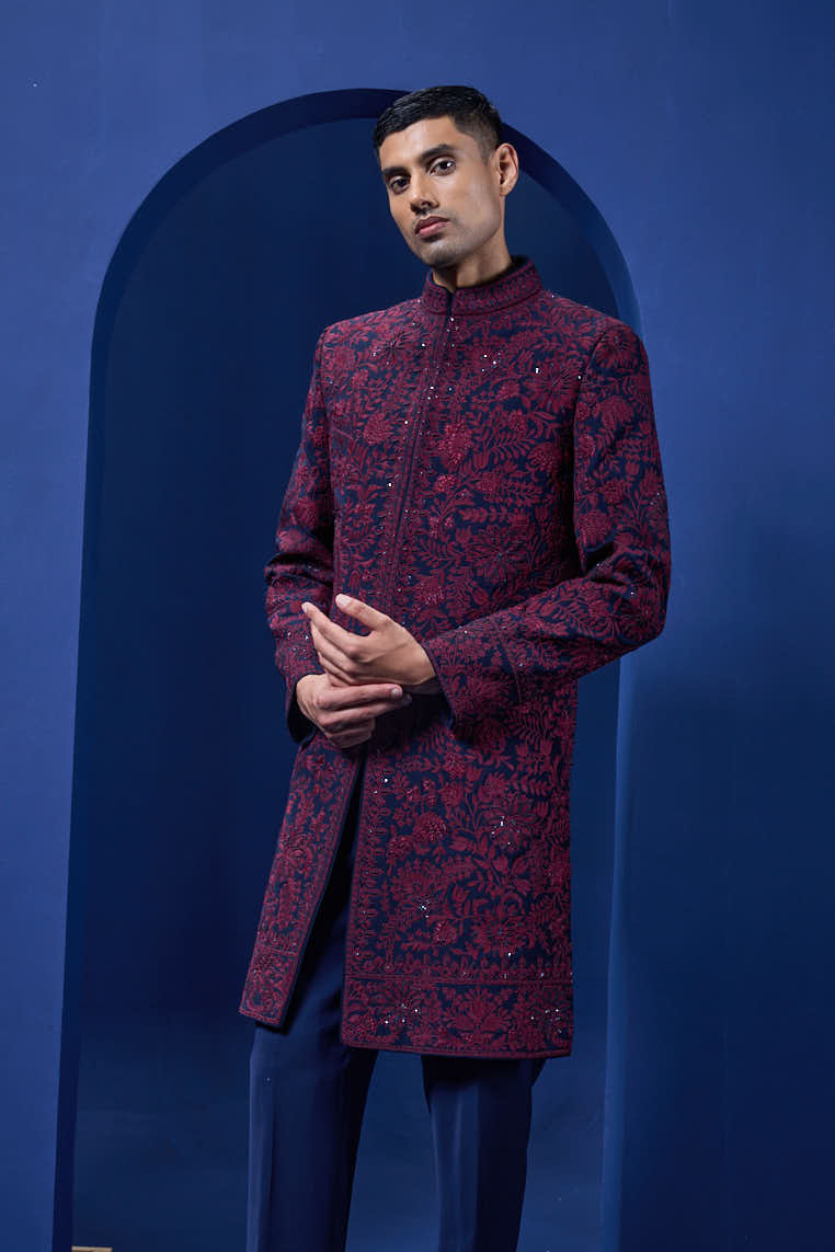 Navy blue Indo Western highlighted with sequins, pearls and wine thread work