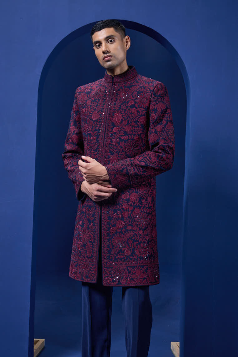 Navy blue Indo Western highlighted with sequins, pearls and wine thread work