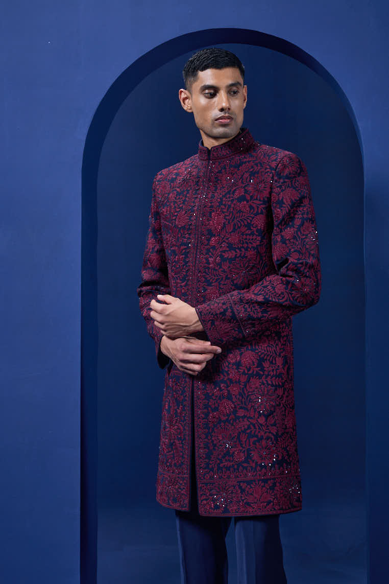 Navy blue Indo Western highlighted with sequins, pearls and wine thread work